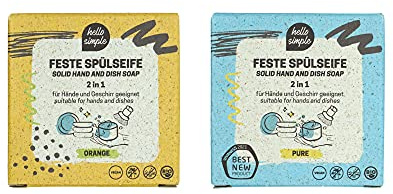 hello simple - Festes Spülmittel ohne Palmöl - Putz-Seife - Zero Waste Abspülen – plastikfrei (Pure + Orange, 2 Stück)