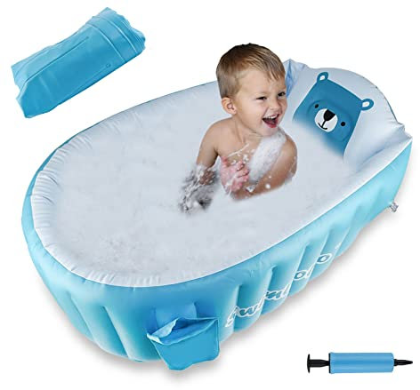 Bañera Hinchable Bebe, Aolkee Portátil Bañera Plegable Bebé, piscina bebe, Bañera niños para plato ducha, bañera para bebés de viaje suave reutilizable (para 0-5 años) + bomba de aire, azul