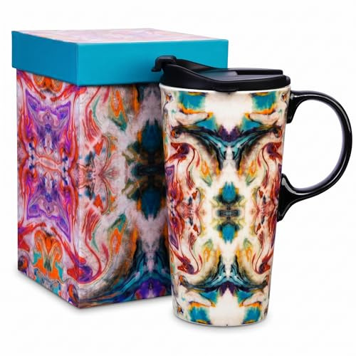 DUSVALLY 17oz Ceramic Travel Mug with Lid, Colourful Abstract Coffee Mug, Artistic Tea Cup with Handle, Gift Box Included | Fluid Art Design • 500ml Capacity • Comfortable Handle • Microwave & Dishwasher Safe • Gift Box Included