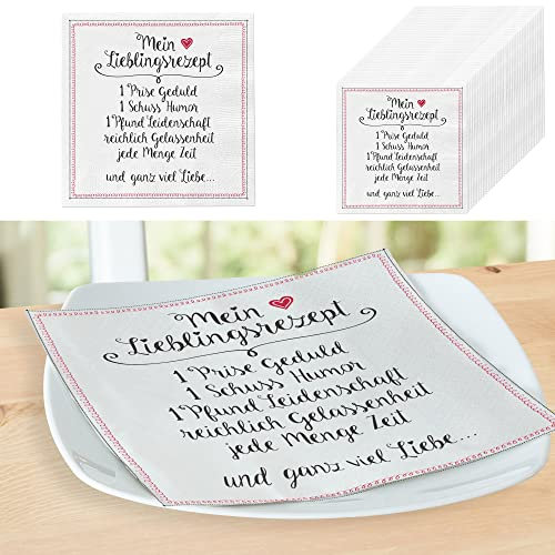 Servietten 40er Pack Lieblingsrezept │Motivserviette Spruch weiß schwarz 33x33cm │ Papierserviette stoffähnlich Tuch Partyzubehör (1 x 40er Pack Serviette Lieblingsrezept)