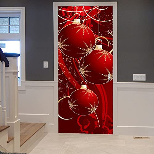 A.Monamour Türtapete Selbstklebend Türfolie Türposter 3D Roter Hintergrund Der Frohen Weihnachten Mit Muster Von Weihnachtsbällen Vinyl Folie Türdeko Tapete Wandbild Türaufkleber Türtattoo 77x200cm