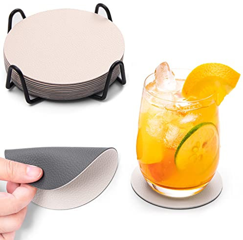 Chitomars Kunstleder Untersetzer mit Halter, doppelseitig, 12 Stück, rutschfest, waschbar (Grau-Weiß)