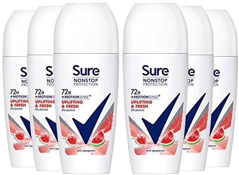 Sure Women 72H Motion Sense Antiperspirant Deodorant Roll-on with 0% Alcohol Nonstop Odour Protection, Uplifting & Fresh 50ml (Pack of 6)