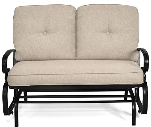 SFAREST Patio 2-Seater Glider Bench, Outdoor Swing Gliding Chair with Soft Cushions and High Backrest, Metal Rocking Seating for Garden Porch Balcony Yard(Beige,120 x 68 x 85 cm)