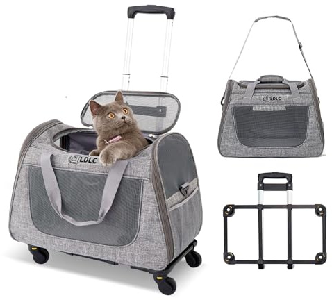 PETCUTE transportlådor för katter upp till 9 kg, andningsaktiv sällskapsdjur transportbur med teleskophandtag och hjul, bärväska för katter och små hundar med axelrem, avtagbar kudde