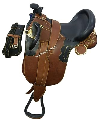 SHOWMEN CRAFT Premium Leather Australian Stock Saddle with Over Girth and Fender | Comfort & Control for Horseback Riding -16 Inch