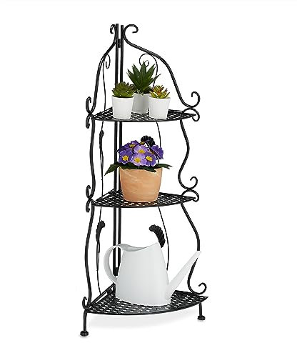 Relaxdays Scaffale Angolare Portafiori in Acciaio, 3 Ripiani Pieghevoli, Portavasi Piante e Fiori, 82,5x30x30 cm, Nero