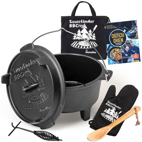 Skandika Dutch Oven de Sauerländer BBCrew 8 l | Olla de hierro fundido con esmaltado incl. libro de recetas, levantador de tapa y extras | Apto para lavavajillas