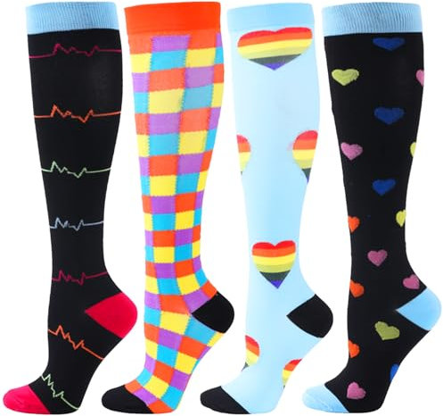 BISOUSOX 4 Pairs Compression Socks - Men & Women 15-20 mmHg Knee-High Flight Socks for Sports, Running & Pregnancy