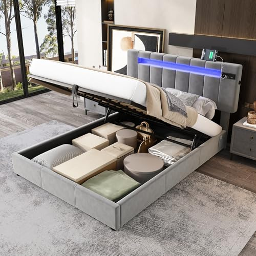 Upholstered Double Bed 135 x 190cm, Velvet Fabric Bed frames with LED Lighting, Bluetooth stereo and USB port, Ottoman Storage Bed with Hydraulic Lever, 4FT6 Double Bed Frame, No Mattress (Grey)