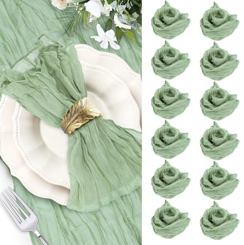 Grüne Boho Falten Stoffservietten,Angenehm weiche Stoffservietten Leinen,Seihtuch-Tischläufer Salbeigrün 50 x 50 cm,Rustikale Dekorative Tischservietten für Hochzeit,Weihnachten,Abendessen,12PACK