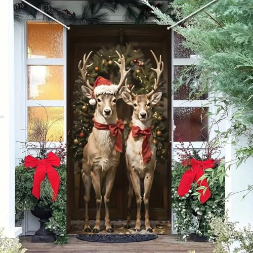 Hiseng Couverture de Porte de Noël Bannière de Porte de Noël Suspendue Bannière Toile de Fond de Noël pour Décoration de Vacances Noël Hiver Porte d'Entrée Maison (Wapiti,200x90cm)