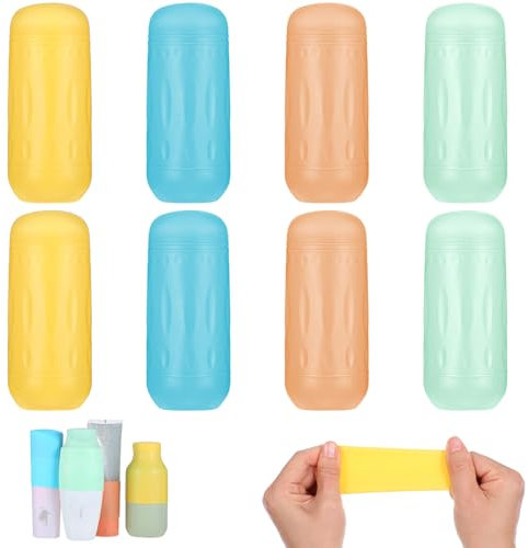 Tyqour 8 fundas a prueba de fugas para contenedores de viaje, de silicona, protección contra fugas, fundas elásticas de silicona, accesorios de viaje reutilizables para champú, gel de ducha, botellas