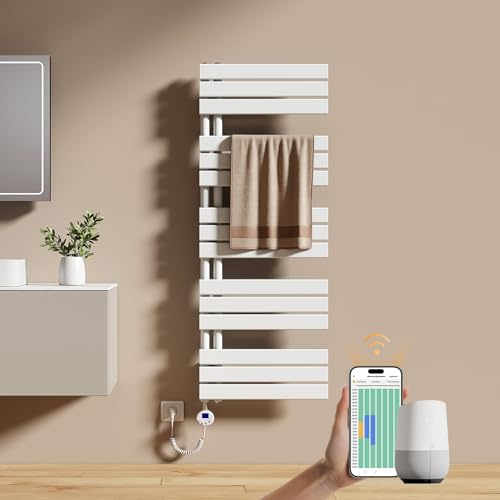 EMKE Scaldasalviette Elettrico con WIFI Termostato 132x50 cm, 800W Bianco, Scaldasalviette a Basso Consumo, Resistenza Riscaldante con Timer, Termoarredo Bagno, Scaldasalviette Elettrico Bagno