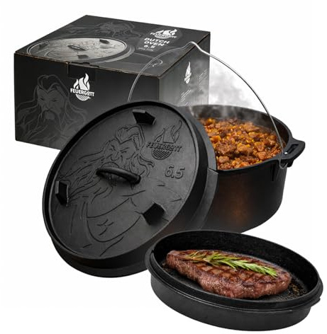Feuergott Dutch Oven 6,5 l sans pieds – Grande casserole en fonte pour cuisinière, induction, four, rôti, pain, barbecue – Cocotte pour famille, ragoût, ragoût, ragoût, goulache, cuisine, rôtissoire