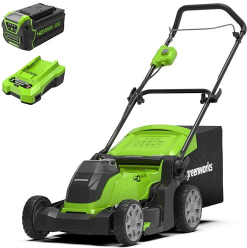 Greenworks 40V Kabelloser 40V Akku-Rasenmäher für Flächen bis zu 500 m² mit 41cm Schnittbreite G40LM41, 50L Sack, 3 Jahre Garantie mit 40V 4Ah Lithium-Ionen-Akku & 2A Universal Ladegerät Kit GSK40B4
