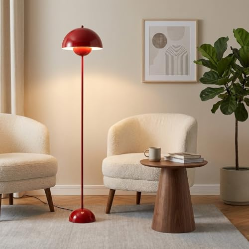 BarcelonaLED Lámpara de Pie Rojo– Diseño Retro “Flower Pot” con Luz Indirecta y Pantalla Semiesférica, Estilo Vintage Moderno, Base Metálica Estable, Casquillo E27