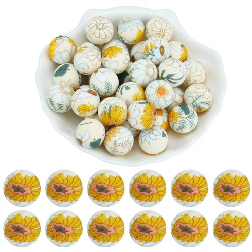WEWAYSMILE Lot de 20 perles focales en silicone de 15 mm imprimées en vrac pour stylos, bracelets, colliers, cordons - Fournitures d'artisanat (hommage chrysanthème)