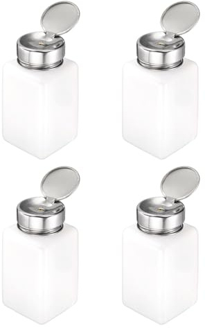 sourcing map 4pcs Solvent Alcohol Dispenser 180ml(6oz) Nail Polish Remover Push Down Liquid Dispenser Pump Bottle with Stainless Steel Press Head for Acetone Solution, White