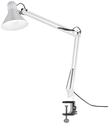 Voltix Lampada da Scrivania con Morsetto – Lampada da Tavolo Vintage E27 MAX 40W, Braccio Pieghevole e Testa Orientabile per Ufficio e Casa – Lampadina NON Inclusa (Bianco)
