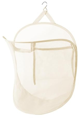 SiaBiced Borsa per Il Bucato Da Appendere, Organizer per Vestiti Sporchi, Pieghevole, in Rete di Poliestere con Maniglia, Montaggio a Parete per Armadio, Bagno, Beige