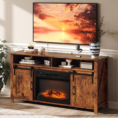 Bonnlo TV Stand Cabinet for 23 Fireplace, Rustic TV Unit for Living Room, Under TV Cabinet Suitable for 70'' TV, with Open Compartments, 2 Doors