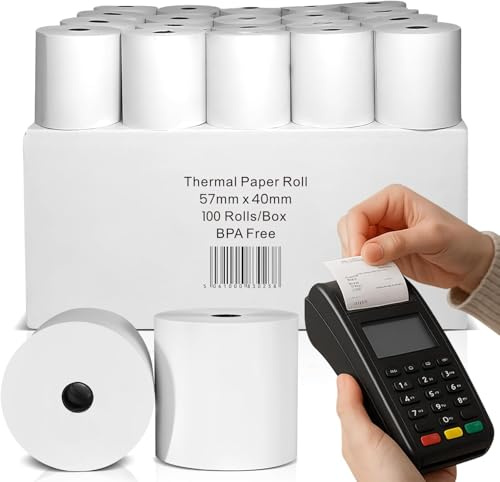 57x40mm Thermal Paper Rolls, Pack of 100 Payment Receipt Thermal Till Rolls Premium POS Receipt Paper for Card Readers, EPOS Systems & Cash Registers Bulk Thermal Till Rolls Case.