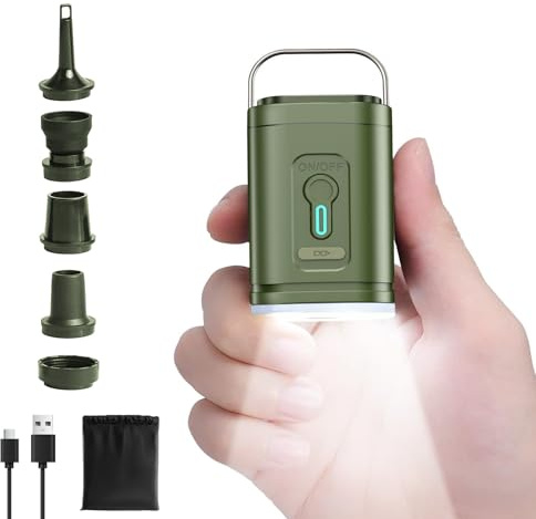 Elektrische Luftpumpe mit 2400mAh Akku & 5 Düsen – Schnell aufblasen/entleeren Mini Tragbare elektrische pumpe mit LED Lampe für Luftmatratze, Pool, Vakuumbeutel, Camping. Wiederaufladbar