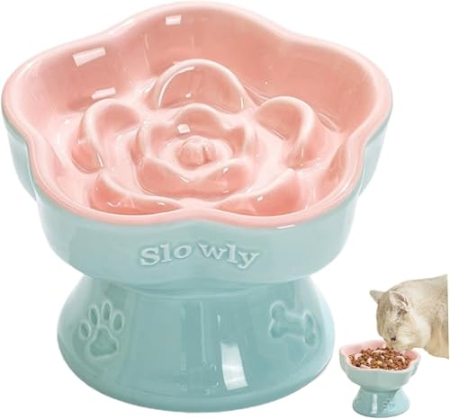 Anti Schling Napf Katze, Keramik Katzennapf Erhöht, Slow Feeder Futternapf Katze, Fressnapf Schlingnapf mit Blumenmuster für Katzen und Kleine Hunde