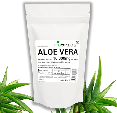 Nutrics® 10,000mg Aloe Vera Extract 90 V Capsules - 100% Pure - Free from fillers, Binders & Bulking Agents (90 V Capsules) (90)