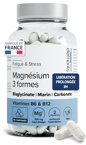 Magnésium Bisglycinate + Vitamine B6 - Enrichie en Magnésiums Marin & Carbonate - Libération Prolongée - Fatigue, Stress - 60 Gélules Végétales - Vegan - Beyond Elements