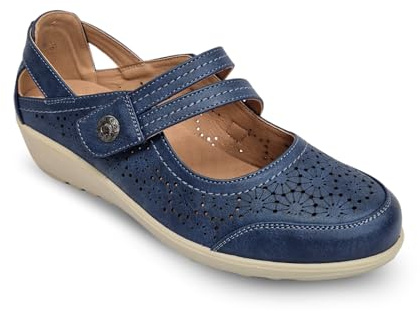Cushion Walk Wide Fit Ladies Mary Jane Comfort Shoes Womens EEE Loafer Sandals Wedge Summer Holiday Touch Strap UK 4-8