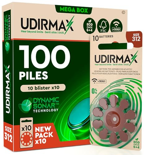 100 Piles Auditives Udirmax Taille 312 PR41 Zinc-Air Eco Pack Marron - 10 Blisters Écologiques de 10 Piles