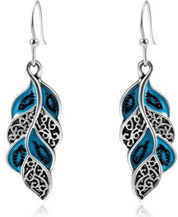 Aliyoham Silberfarbene Blatt hängeohrringe mit blauer Emaille für Damen - Vintage Design mit schwarzem Muster, Hypoallergener Ohrschmuck für den Alltag