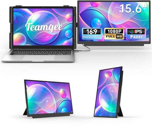 Teamgee 15.6 Monitor Portátil, FHD 1080P Extensor de Pantalla para Portátil para PC 13-17, Desmontable, HDMI/USB-A/Type-C Plug and Play for Wins/Mac/Dex/Chrome