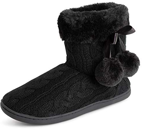 Polar Womens Memory Foam Pom Pom Winter Faux Fur Luxury Plush Cosy Anti Slip Indoor Outdoor Slippers - Black Knitted - UK4/EU37 - YC0714