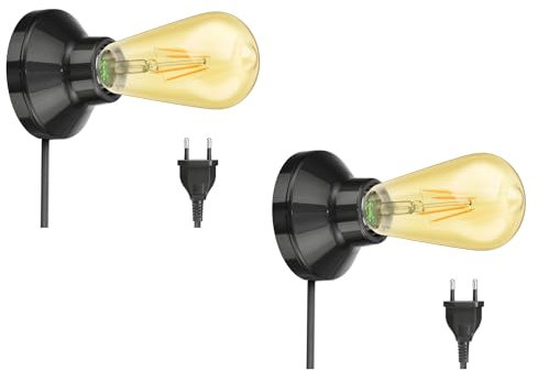 ledscom.de 2 pezzi E27 in porcellana, zoccolo Elektra, rotondo, spina, interruttore, nero, incl. lampada E27 vintage retro oro bianco extra-caldo 489lm