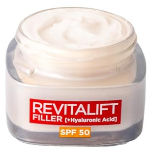 L’Oréal Paris Revitalift Filler Deep Replumping Anti-Ageing SPF50 Cream, UV Protection, Moisturising, Intensely Hydrates and Smooth Wrinkles with Macro, Micro and Micro-Epidermic Hyaluronic Acid, 50ml