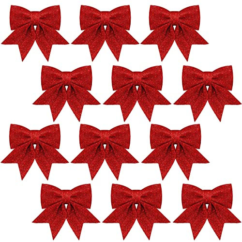 12PCS Red Christmas Bows for Tree Decorations, 5.5 Inch Christmas Glitter Wreaths Bows, Xmas Bow for Decorations,Sequin Bow Ties Bowknot Ornaments for Wreaths,Xmas Tree,Garland Décor