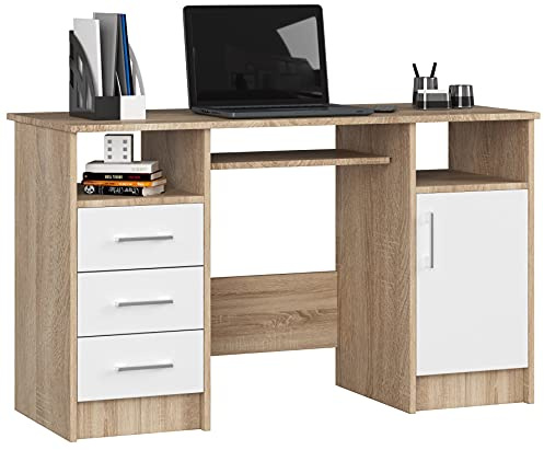 AKORD Schreibtisch ANA 124 cm | mit 1 Tür und 3 Schubladen | Office Desk | Computertisch | Bürotisch | PC-Schreibtisch | B124 x H74 x T52 cm | Gewicht 46,40 kg | Sonoma Eiche/Weiß