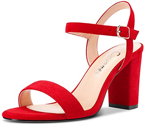 Castamere Femmes Bloc Chunky Haut High Talon Heel Lanières Cheville Sandales Ouvert Bout Boucle Mariage Bureau Dress 8.5 CM Heels Rouge Suède 39 EU