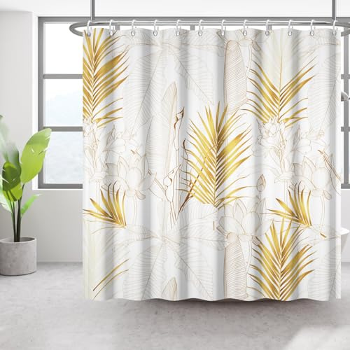Bovlleetd Pianta Dorata Tenda da Doccia 180x180cm Loto Foglia di Palma Semplice Foglia di Banana Arte Decorativo Impermeabile Lavabile in Poliestere Tende da Bagno con 12 Ganci per Vasca da Bagno​​