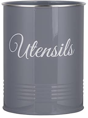 Innoteck Utensil Holder Metal Powder Coated Cutlery Organiser Pot for Kitchen Countertop Farmhouse Style Rust Proof With Non Slip Base for Spoons, Spatulas, Knives, Forks & Cooking Utensils, Grey