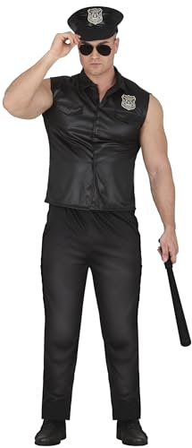 FIESTAS GUIRCA Disfraz de Policía Sexy para Hombre - Uniforme de Policía Negro con Gorro de Policía - Disfraces de Policía para Hombre Talla L 52-54