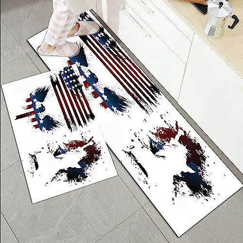 Küchenläufer Küchenmatte 2 Stück 45x70cm+45x120cm,Amerikanische Flagge, Set mit Bald Eagle Symbol und Streifen Sternen F,Rutschfest Pflegeleicht, Anti-Müdigkeit Küchenteppich Teppich Läufer für Küche