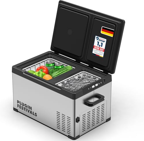 PLUG IN FESTIVALS elektrische Kühlbox DUAL Ice Cube, 22 Liter | 2 Fächer, Kompressor, 12v 230v, bis -20 Grad, App-Steuerung