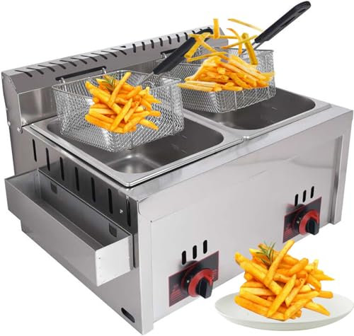 DJXLMN Friteuse à gaz polyvalente en acier inoxydable de grande capacité pour un usage domestique et commercial, puissance de feu réglable, comprend des paniers et des couvercles ; idéale pour les