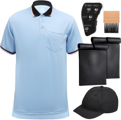 ShinyMatch 6 Pcs Baseball/Softball Umpire Accessories Set Including Umpire Shirt Hat Indicator Brush Ball Bag for Men Referee (Sky Blue,2X-Large)