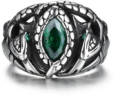 GTHIC Edelstahl-Schlangenring, gotischer grüner Zirkon, Schlangentier-Schmuck für Männer und Frauen, Größe 11