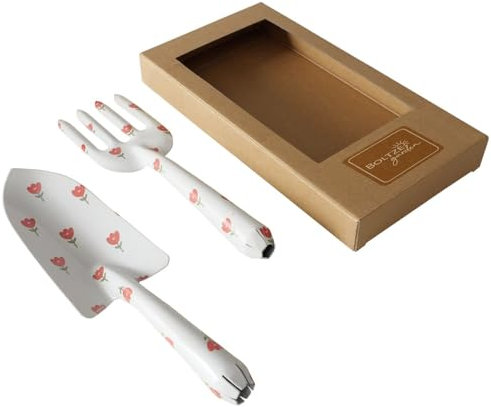 Gardenlove - Juego de 2 herramientas de jardinería con palas y tenedores, color blanco con flores